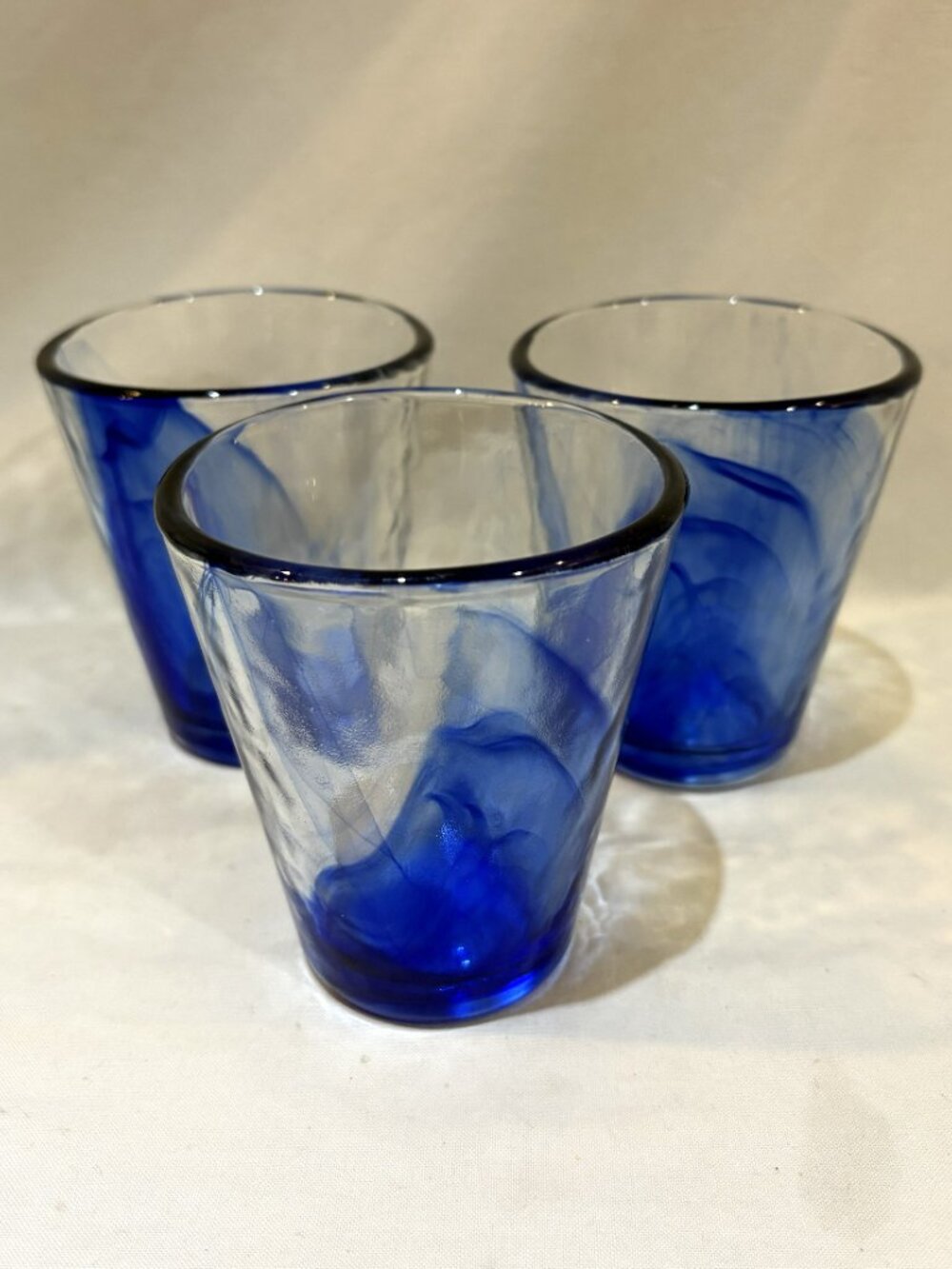 Set of 3 Bormioli Rocco Murano 8 oz Drinking Glasses Cobalt Blue Swirl